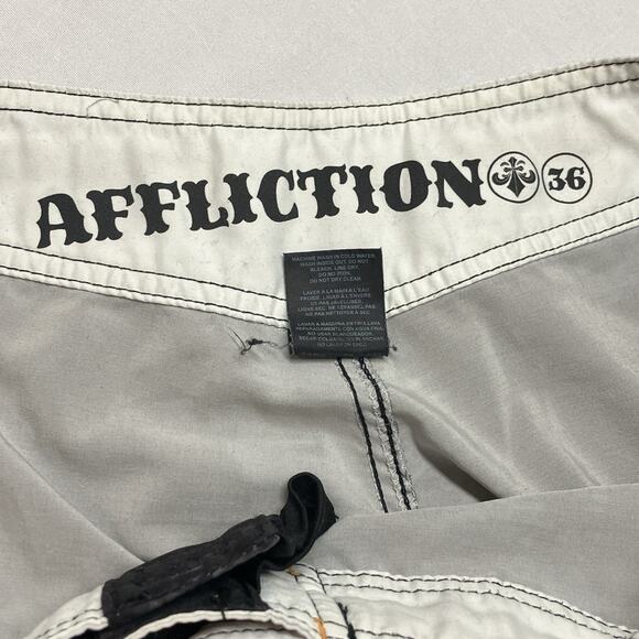 Affliction Board Shorts Black Orange Distressed Patches Swim Trunks Size 36 - Picture 14 of 16
